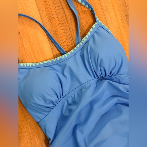 Medium Blue One-Piece Swimsuit With Light Blue Trim by Eomenie Sz Small NWT - Picture 4 of 10